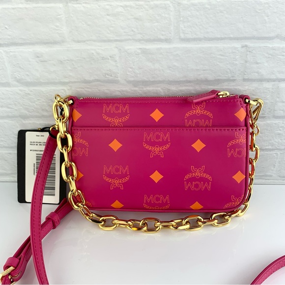MCM Visetos Mini Zip Pouch Splash Logo Crossbody Bag Pink $650 - Picture 3 of 15